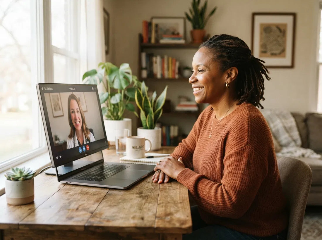 Woman reviewing her weight-management progress during a virtual medical consultation at home